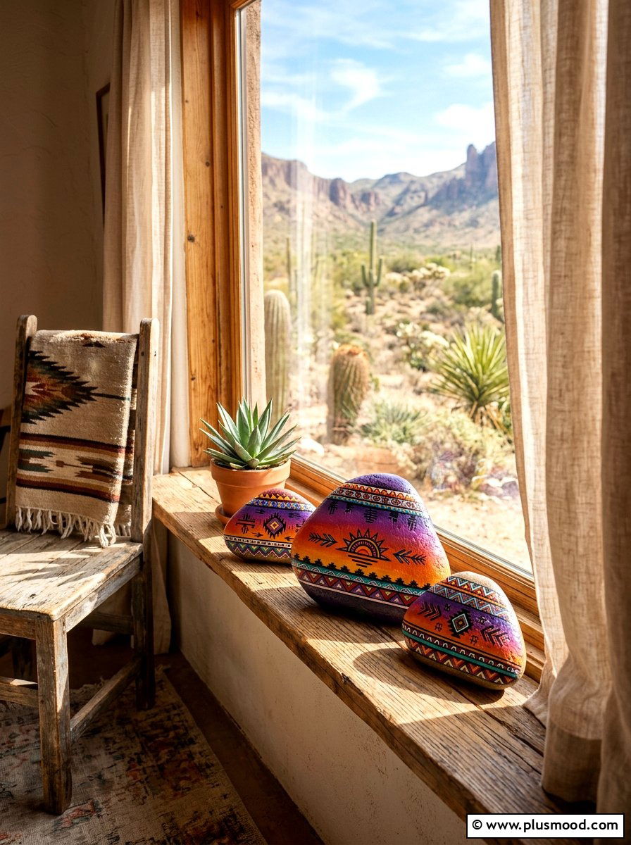 Southwestern desert landscape tribal rocks - 25 painted rock ideas with tribal art
