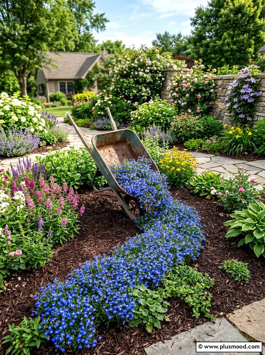 Spilled flower garden accent - 25 outdoor garden decor ideas with wheelbarrow planter