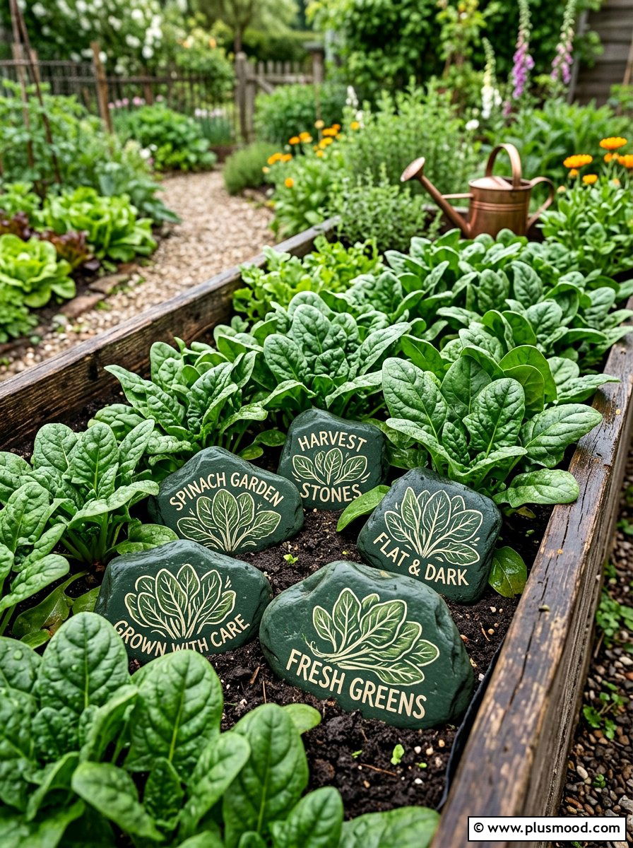 Spinach garden stones - 25 painted rock ideas with vegetable garden labels