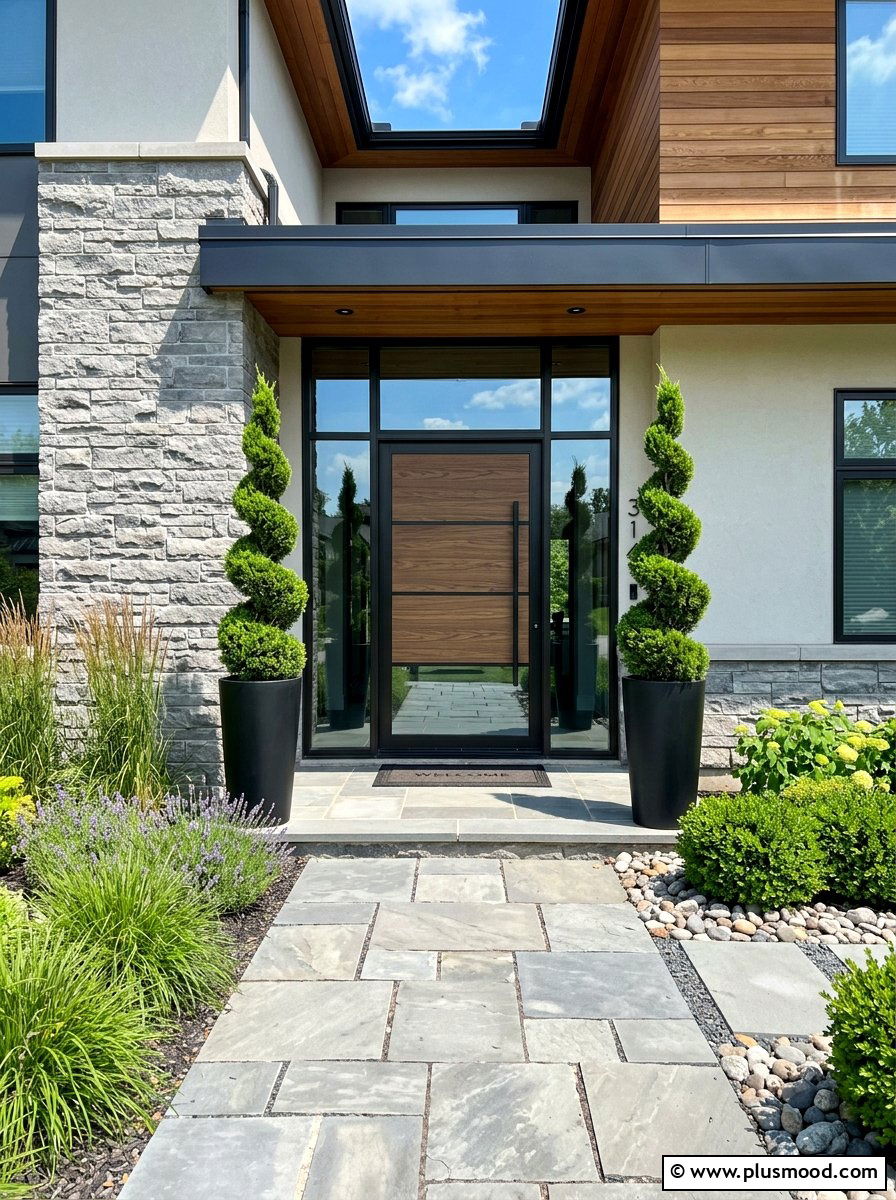 Spiral Juniper Topiary Tree - 25 summer topiary ideas for front entry
