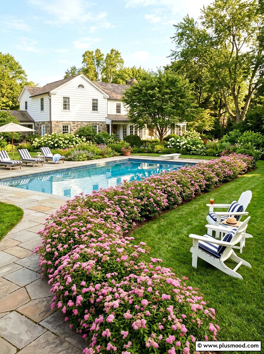 Spirea flowering border - 25 pool landscaping ideas with shrubs
