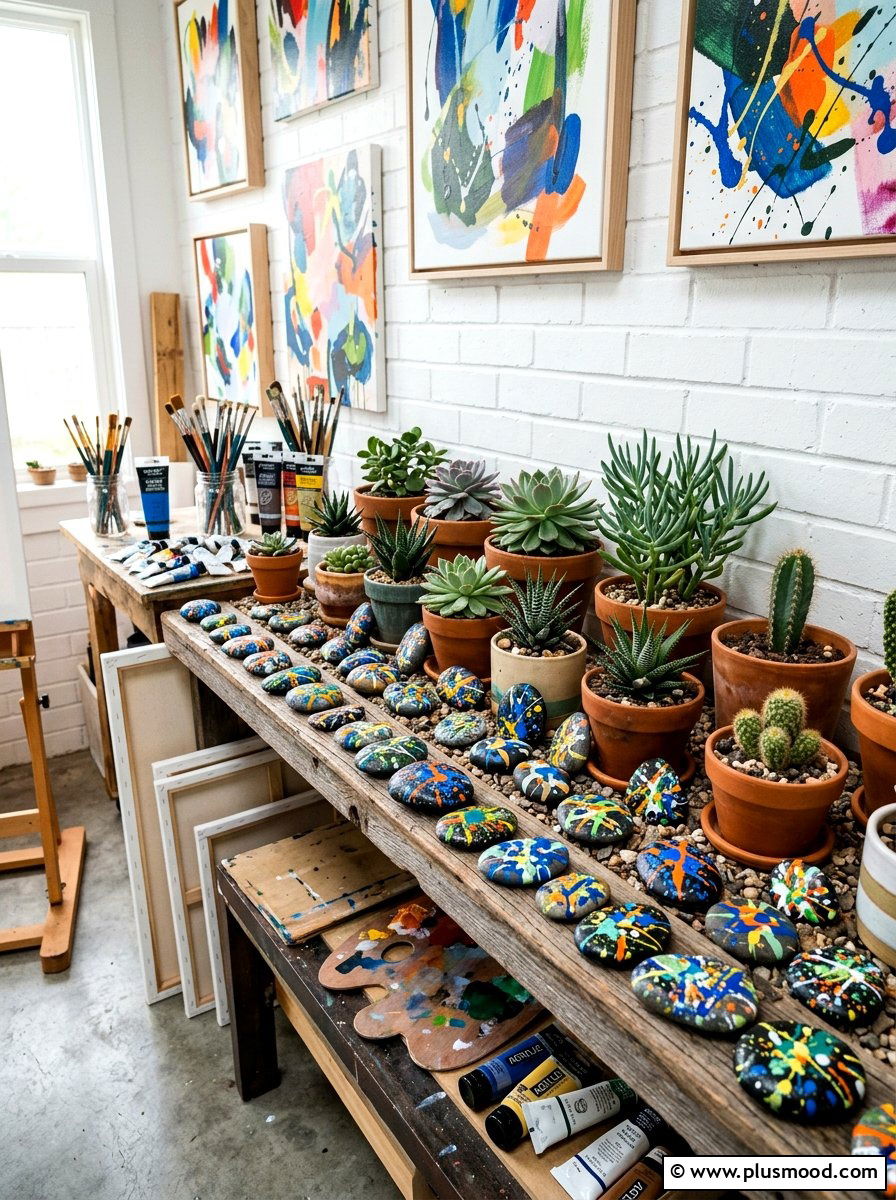Splatter Art Stones - 25 painted rock ideas for succulent garden
