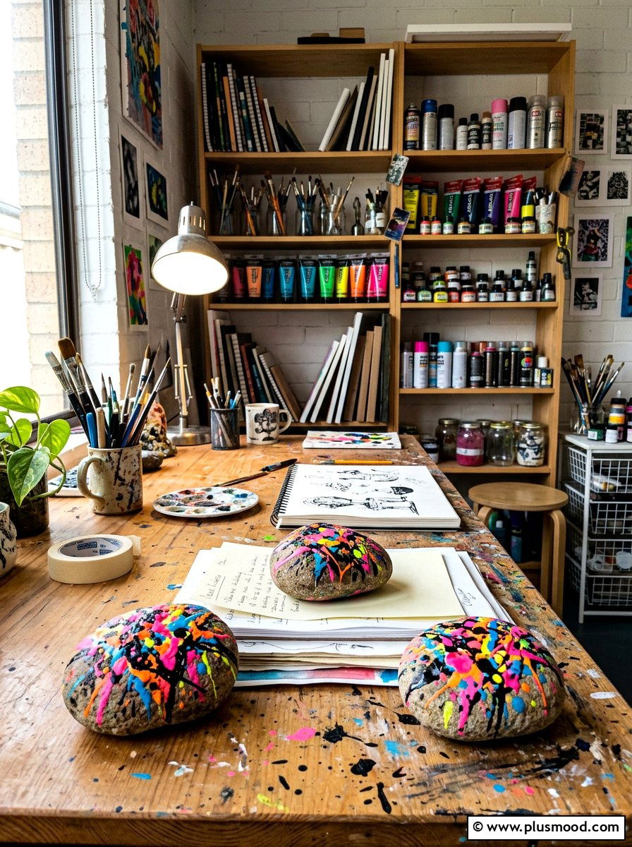 Splatter Paint Rocks - 25 painted rock ideas with abstract designs