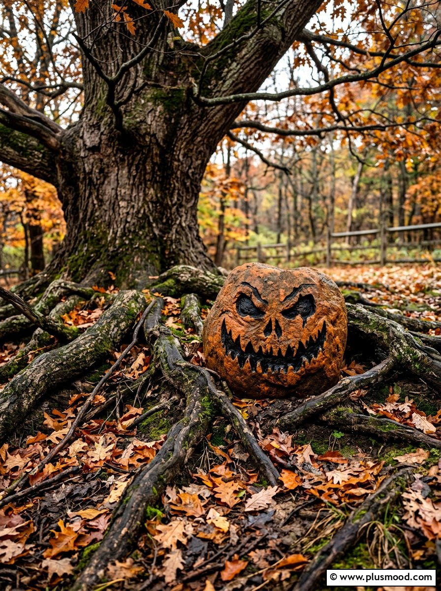 Spooky face pumpkin rock - 25 painted rock ideas with pumpkin art