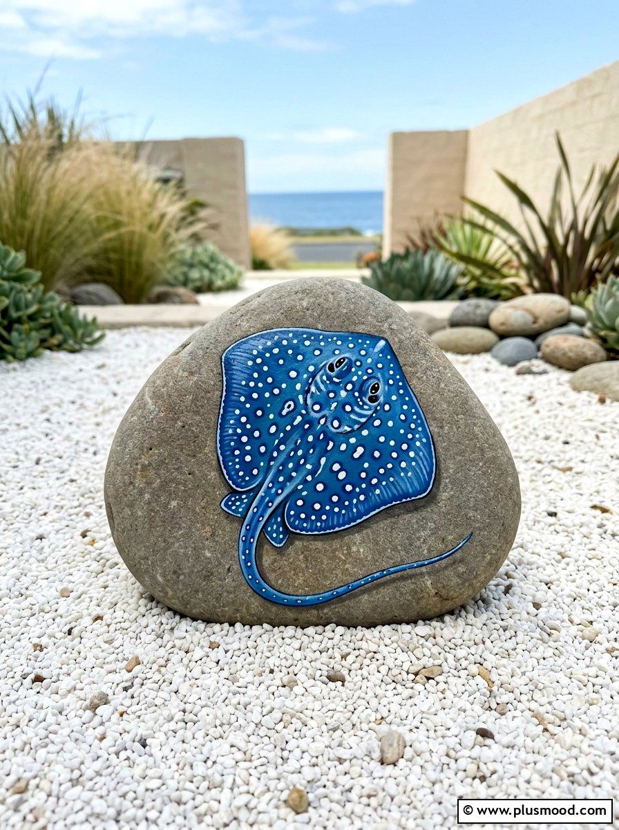 Spotted Blue Stingray - 25 painted rock ideas with beach theme