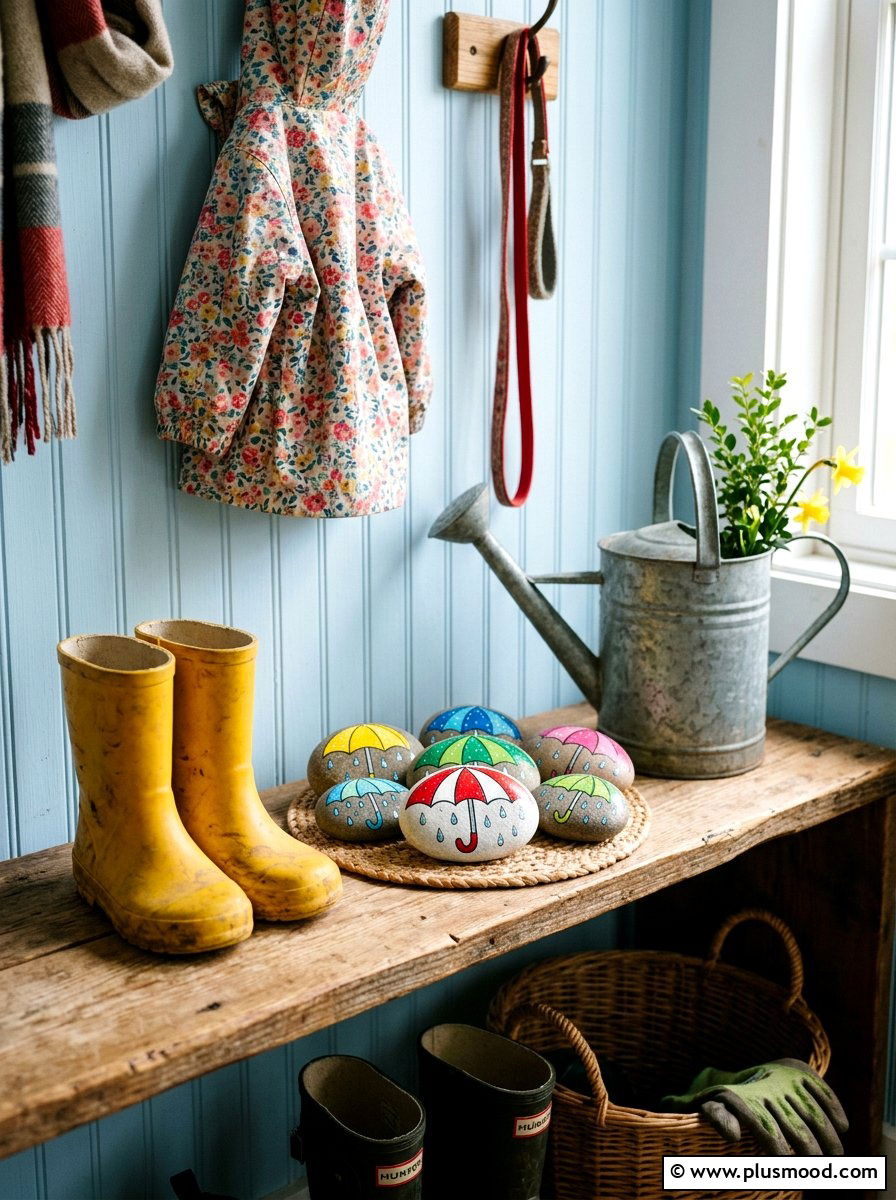 Spring Rain Umbrella Stones - 25 painted rock ideas with seasonal themes