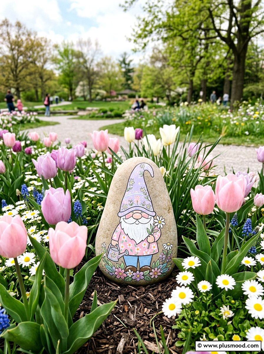 Spring flower gnome - 25 painted rock ideas with gnomes