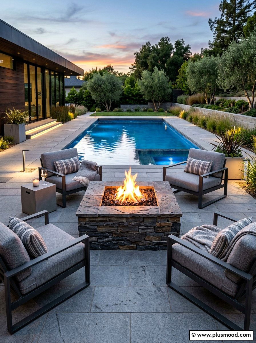 Square Stone Fire Pit - 25 summer poolside fire feature ideas
