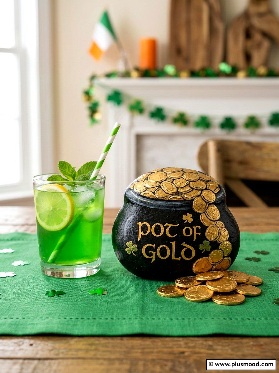 St Patricks Day pot of gold rock - 25 painted rock ideas with holiday theme