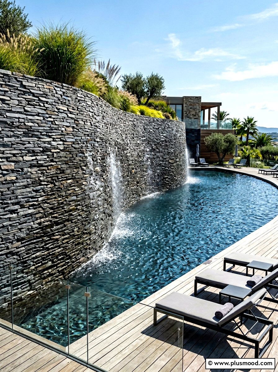Stacked Slate Pool Wall - 25 pool landscaping ideas with retaining wall