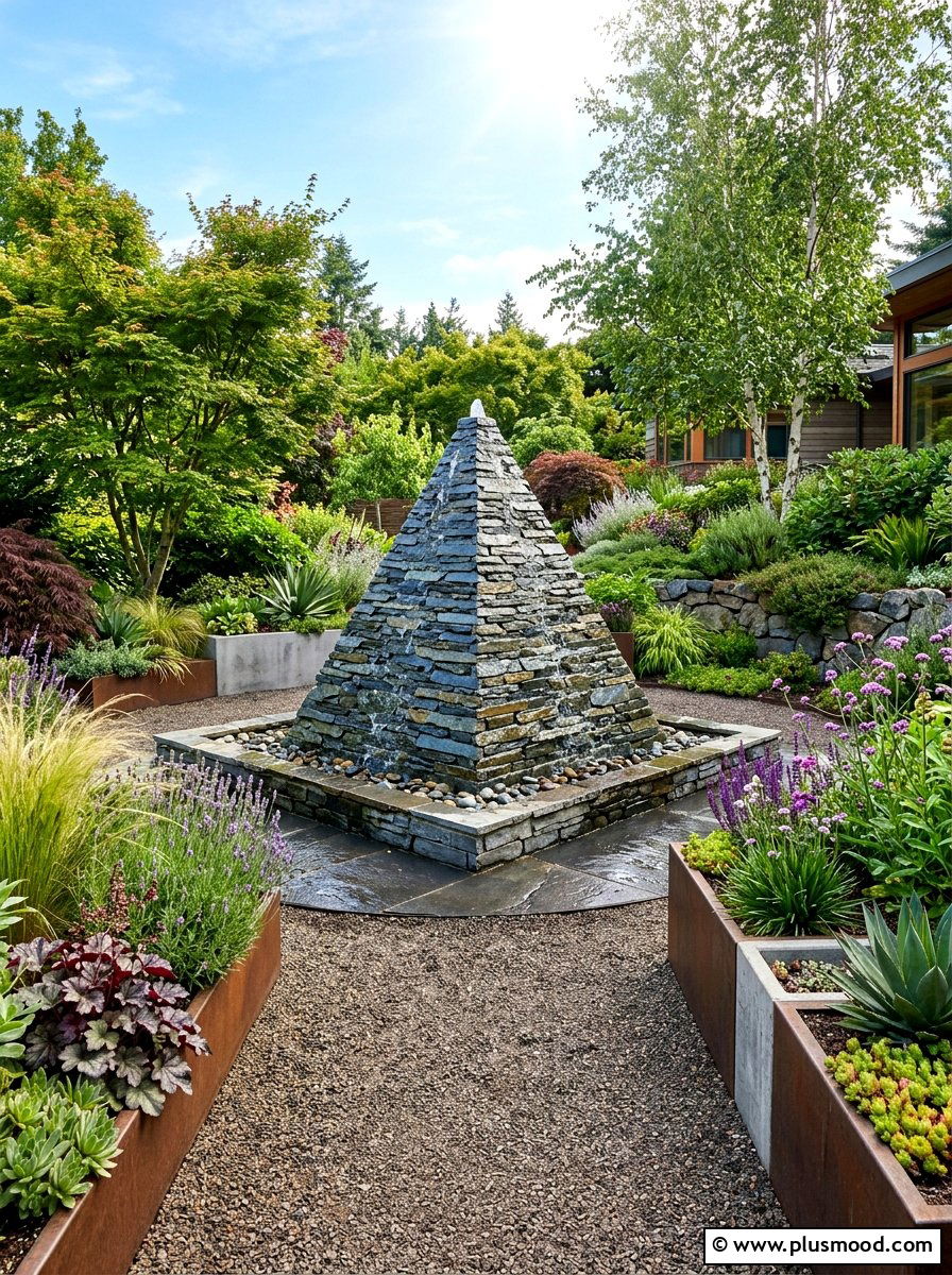 Stacked Slate Pyramid - 25 summer garden fountain ideas