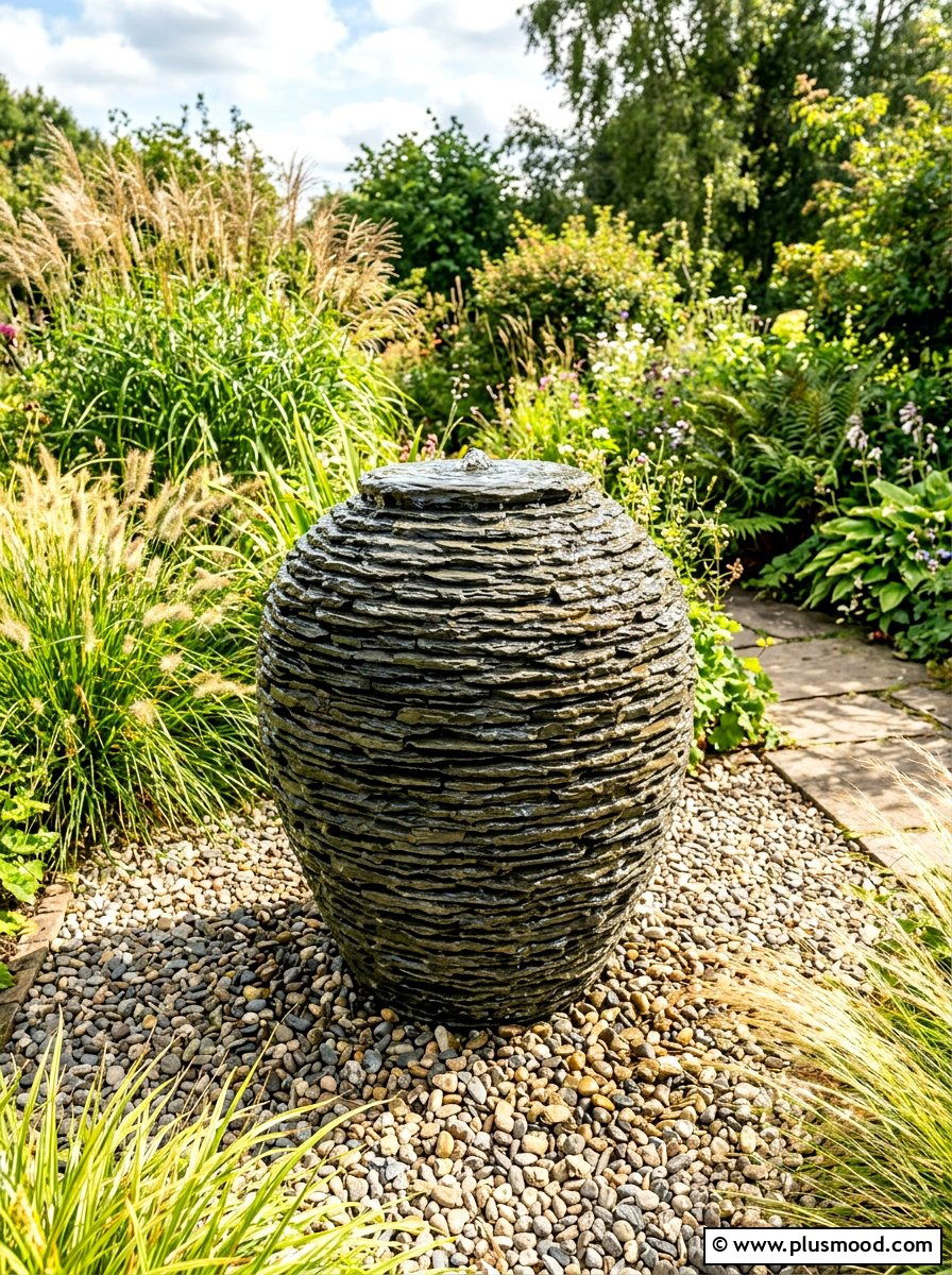 Stacked Slate Water Urn - 25 summer water feature backyard ideas