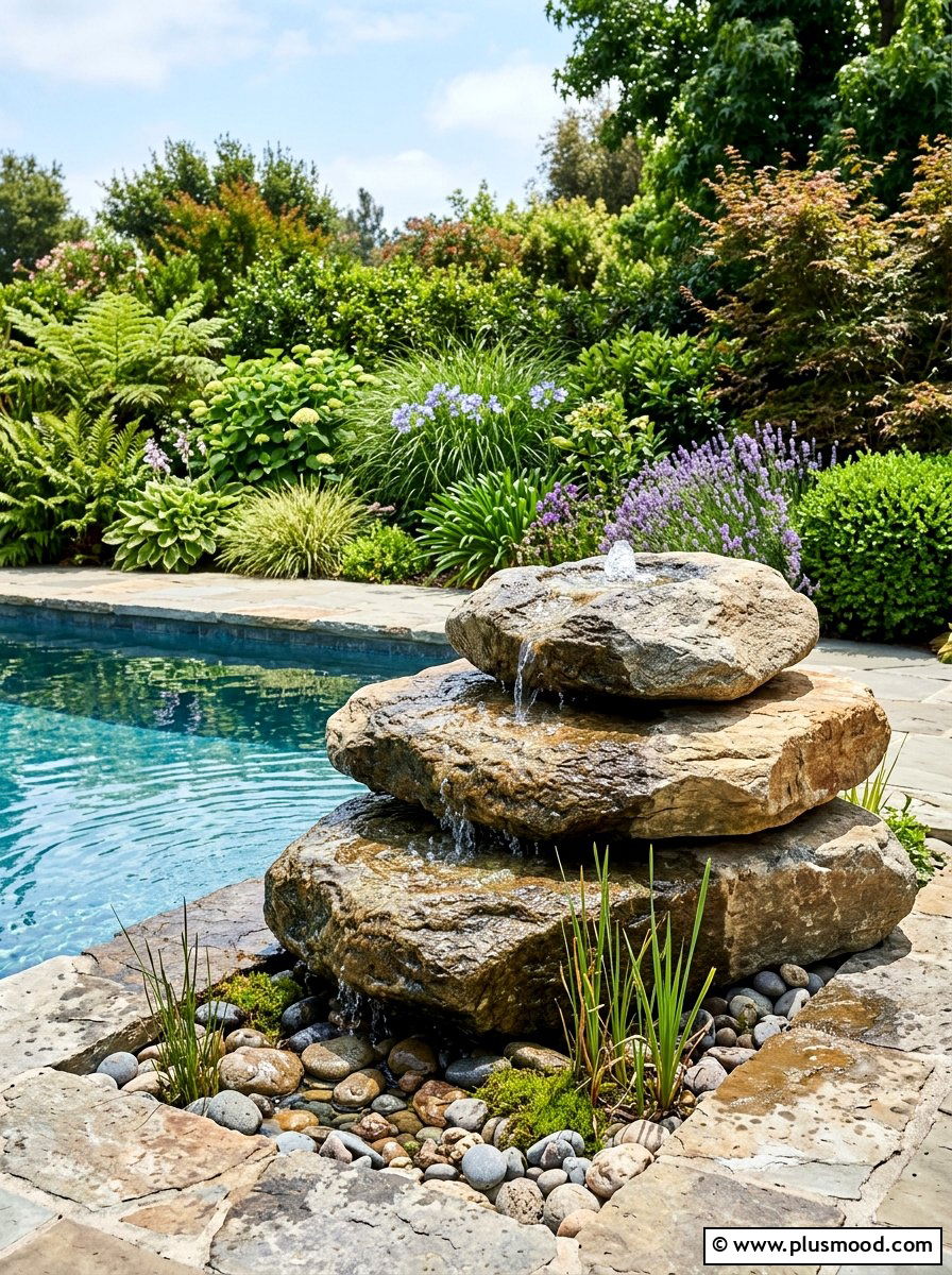 Stacked Stone Pool Fountain - 25 pool landscaping ideas with boulders