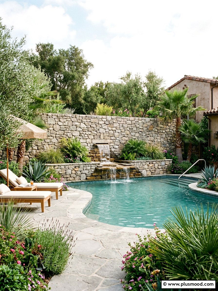 Stacked Stone Wall - 25 pool landscaping ideas for courtyard pools