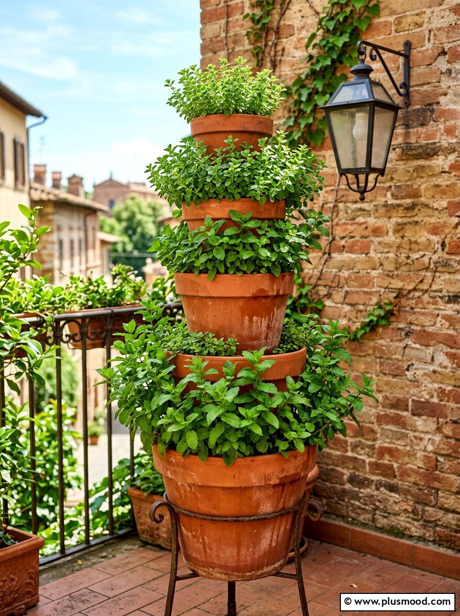 Stacked Terra Cotta Pot - 25 summer balcony herb garden ideas