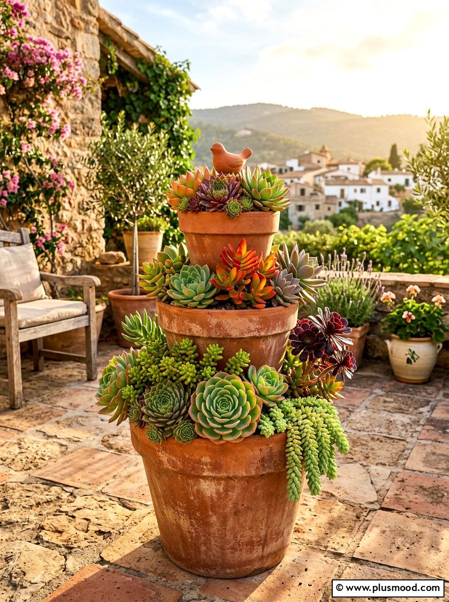 Stacked Terracotta Planter - 25 summer succulent planter ideas