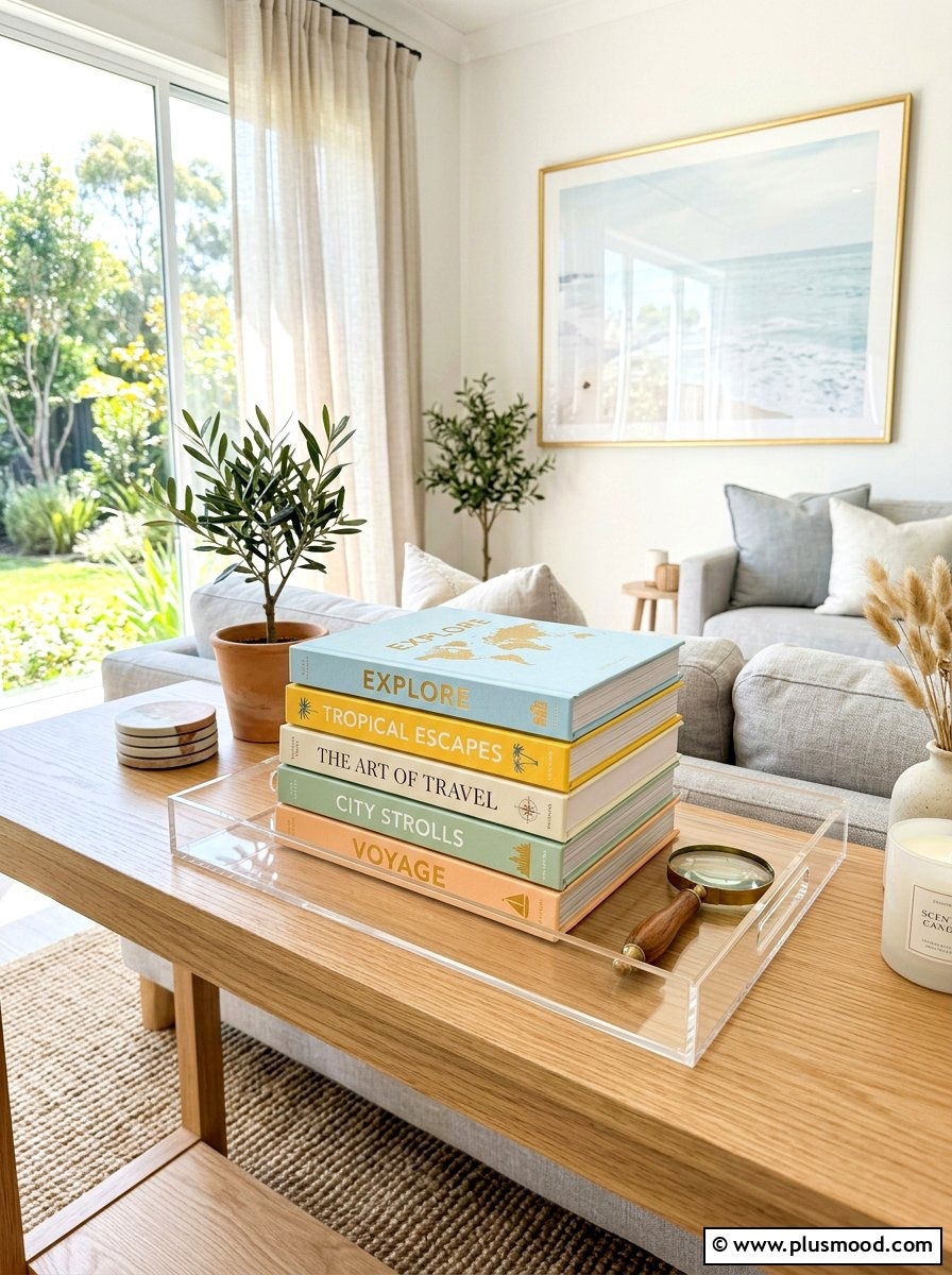Stacked book tray - 25 summer tray decor ideas for living room