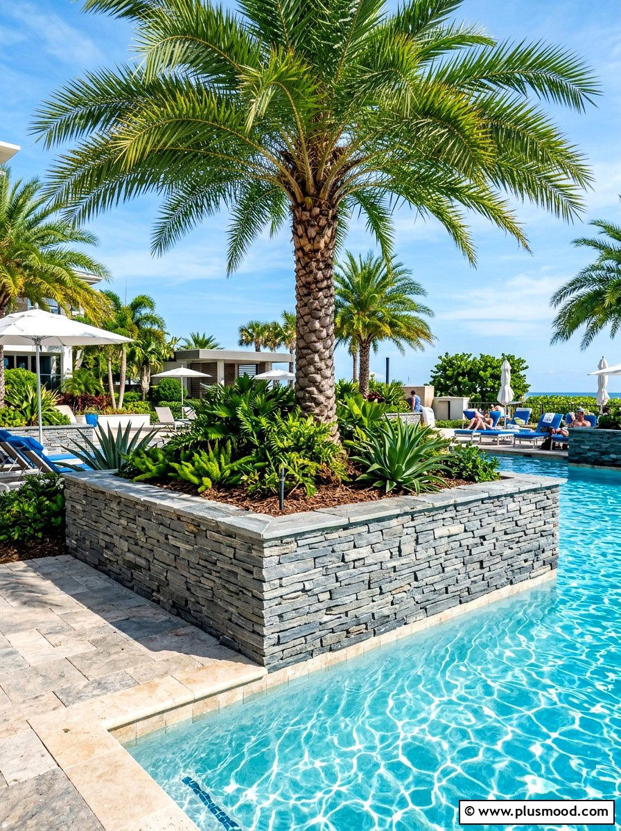 Stacked stone planter - 25 summer pool landscaping ideas with rocks