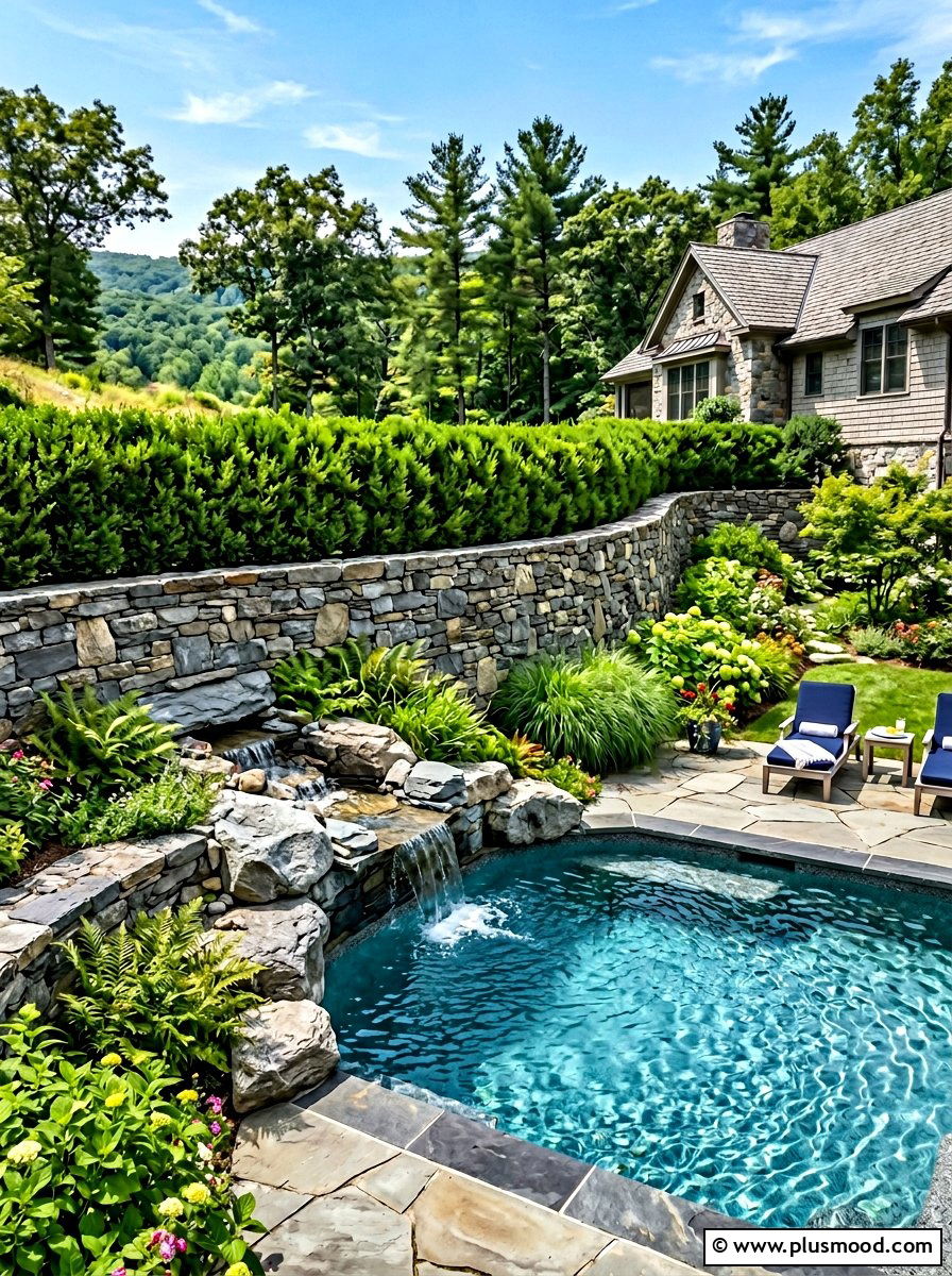 Stacked stone retaining wall - 25 summer pool privacy ideas