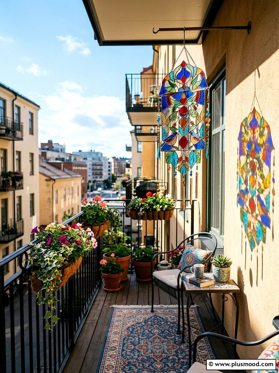 Stained glass colorful balcony - 25 outdoor garden decor ideas with wind chimes