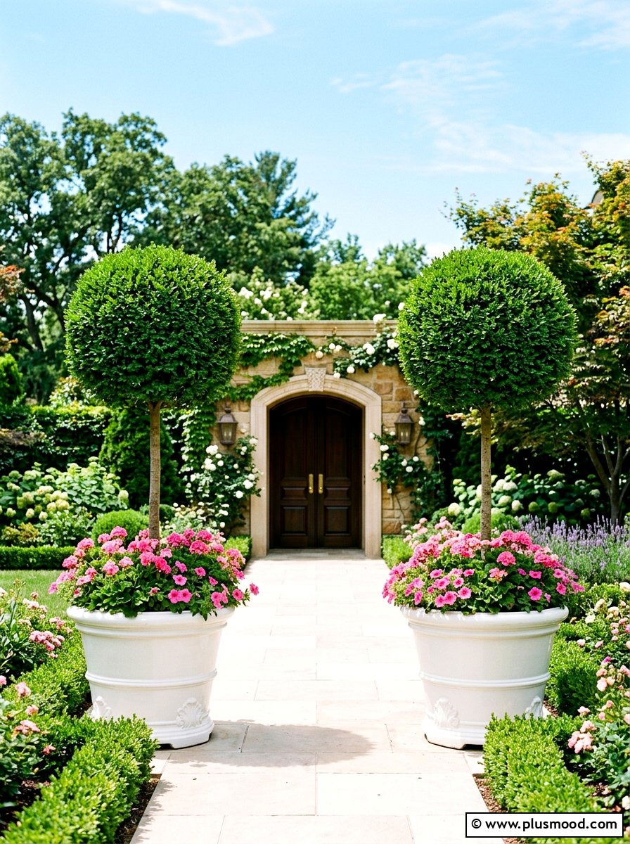 Standard lollipop topiaries - 25 summer front porch decor ideas with topiaries
