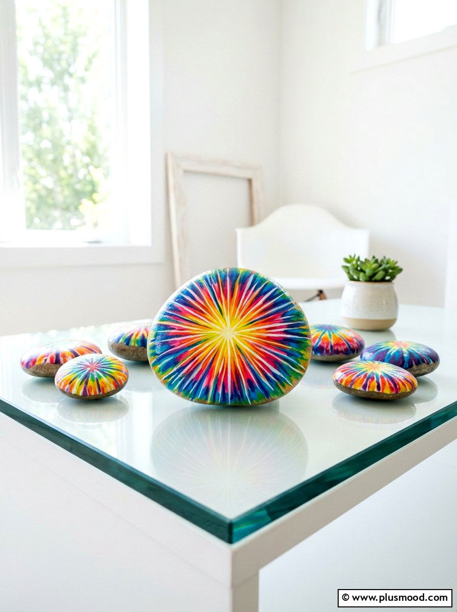 Starburst tie dye rock painting - 25 painted rock ideas with tie dye effect