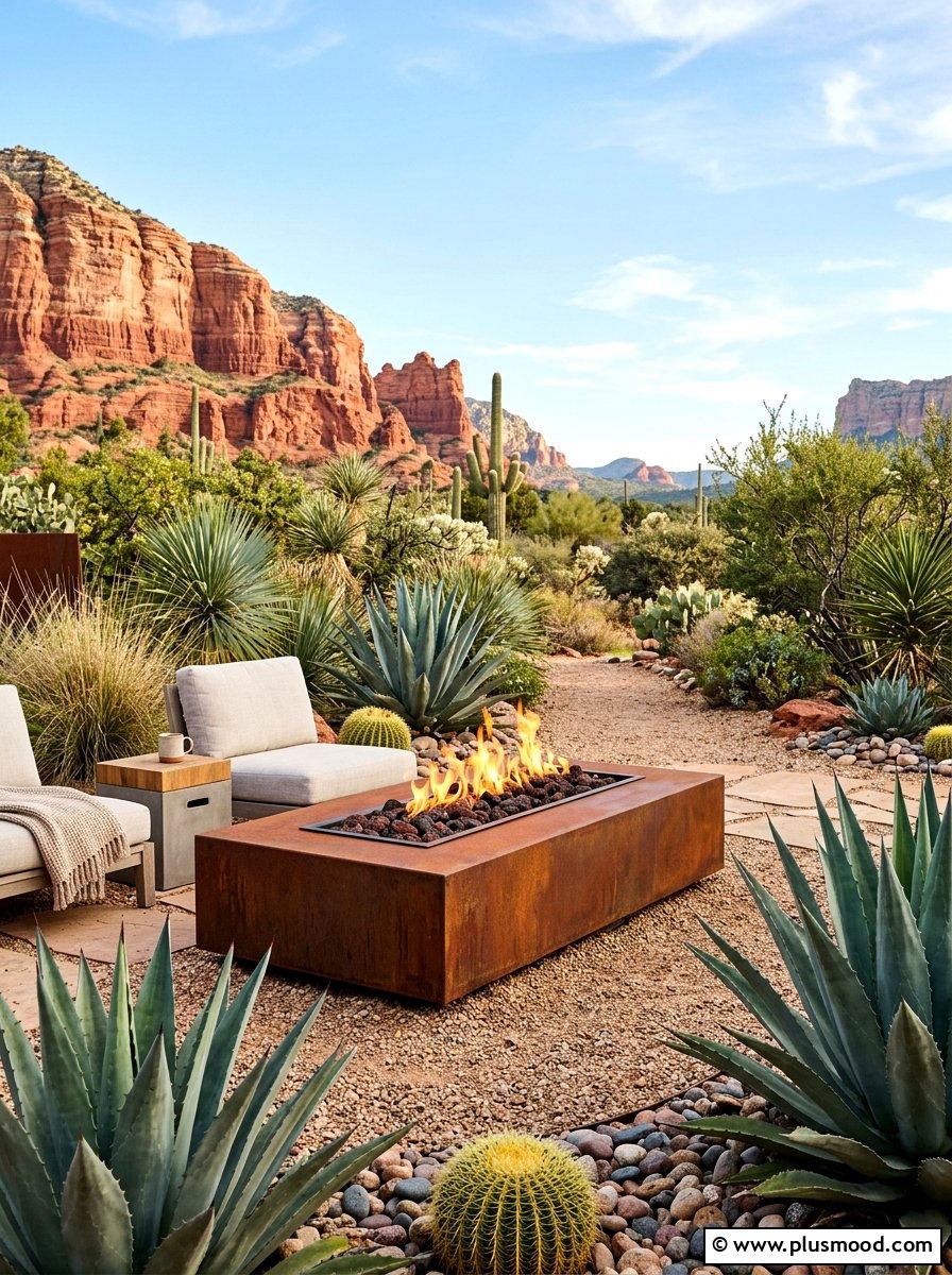 Steel Fire Table Desert Yard - 25 small backyard ideas with fire table