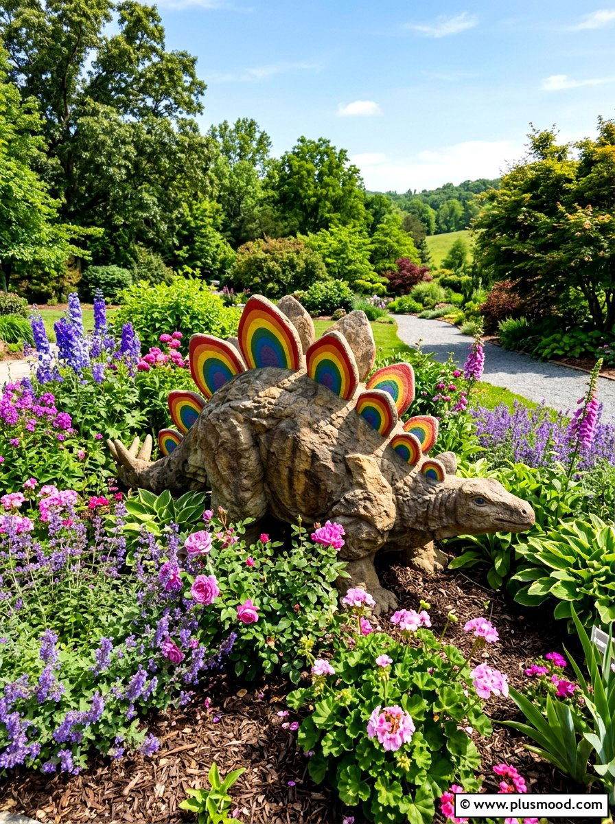 Stegosaurus with colorful plates - 25 painted rock ideas with dinosaur art