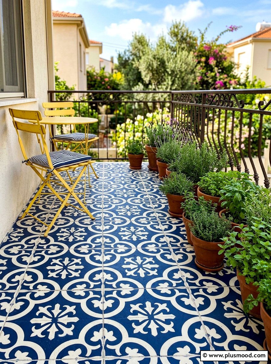 Stenciled concrete floor - 25 summer balcony floor decor ideas