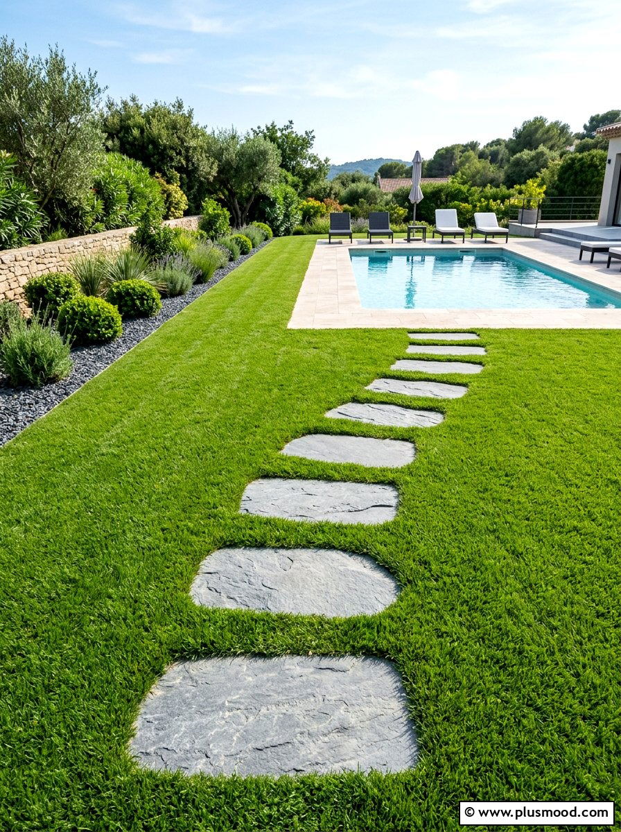 Stepping Stones Through Lawn To Pool - 25 pool landscaping ideas with stone pathway