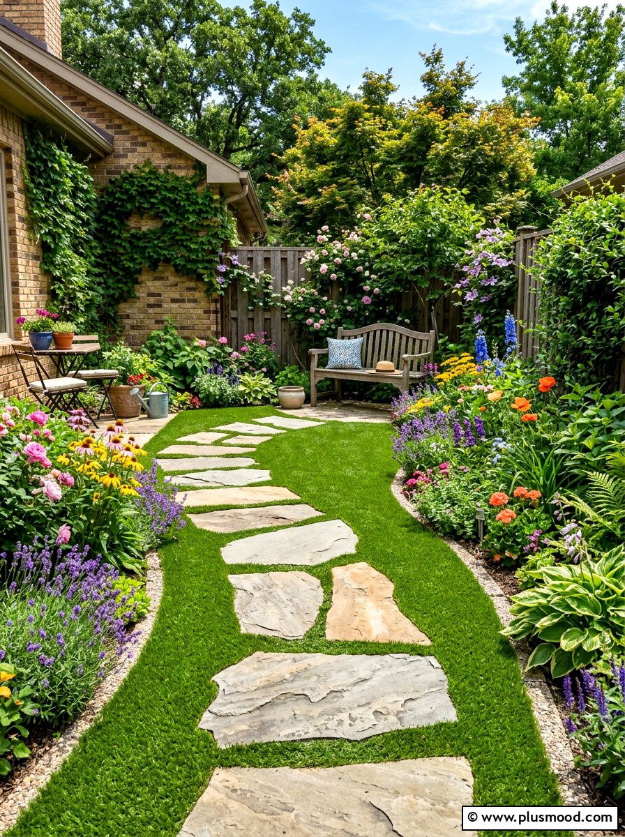 Stepping stones in turf - 25 small backyard ideas with artificial turf