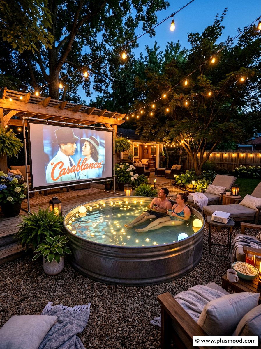 Stock Tank Pool Movie Night - 25 small backyard ideas with movie screen