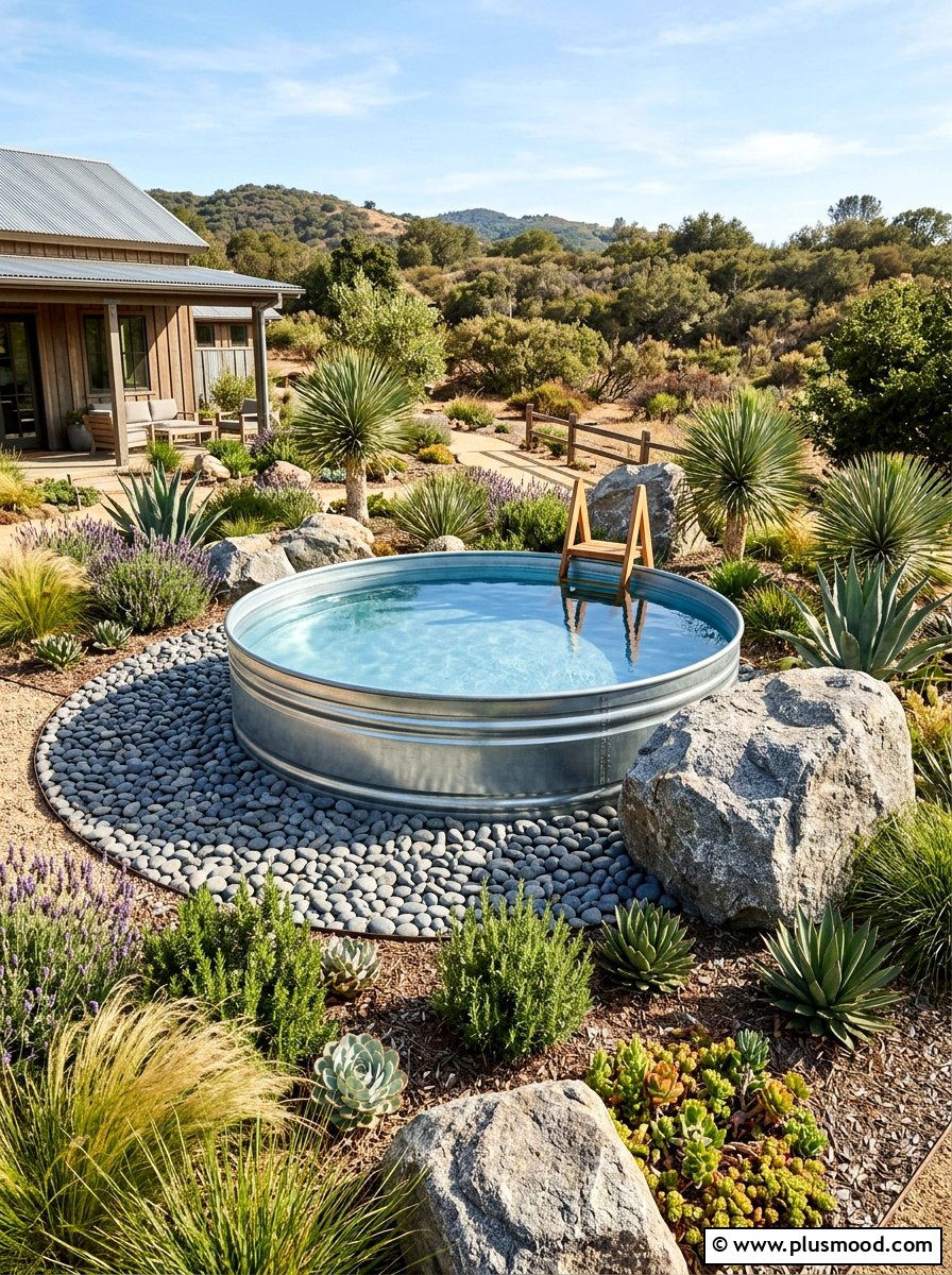 Stock tank pool with pebble surround - 25 pool landscaping ideas for kids pools