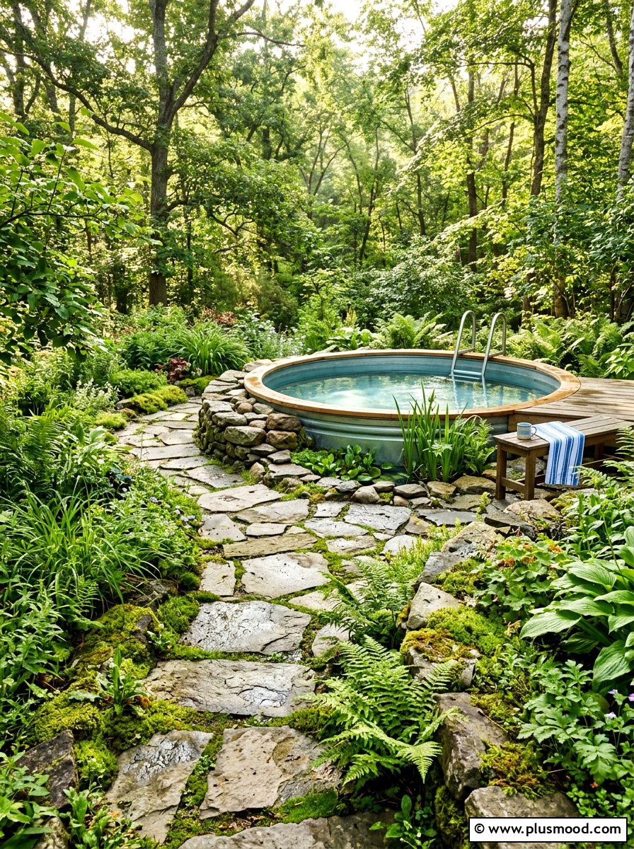 Stock tank pool with stone path - 25 pool landscaping ideas for kids pools