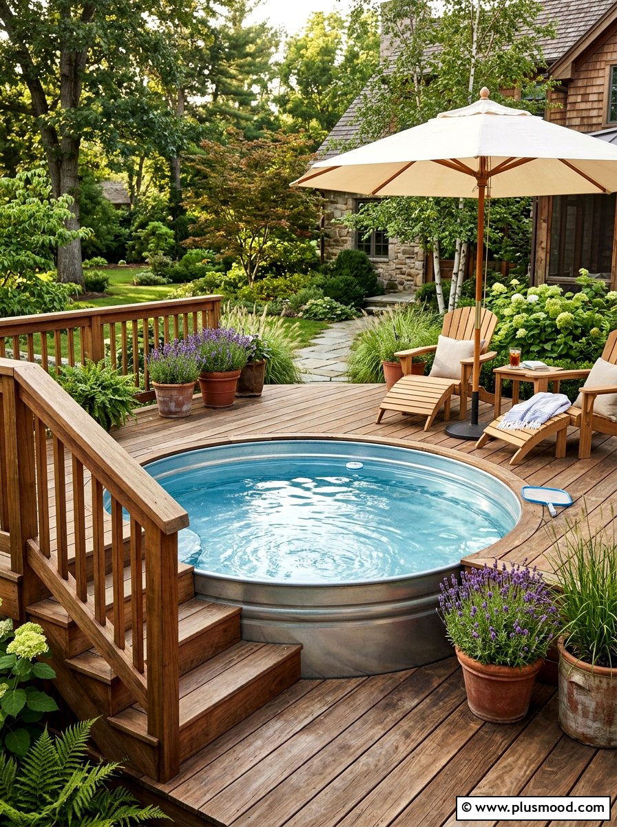 Stock tank pool with wood deck - 25 pool landscaping ideas for kids pools