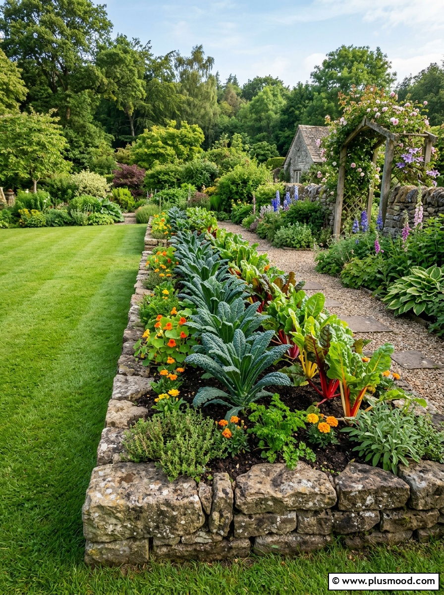 Stone Bordered Edible Landscape Bed - 25 outdoor garden decor ideas with vegetable display