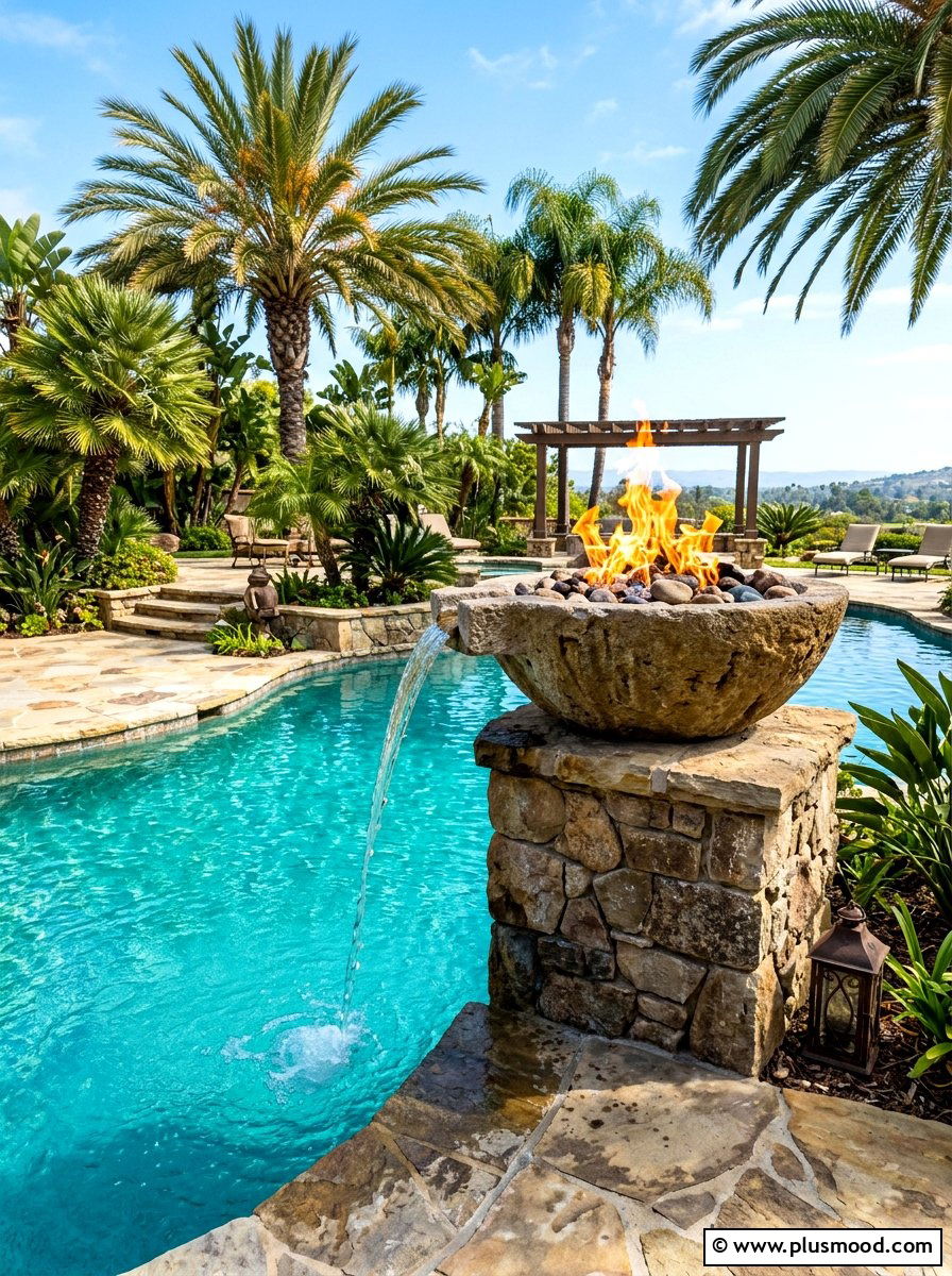 Stone Fire Bowl With Water Scupper - 25 summer poolside fire feature ideas