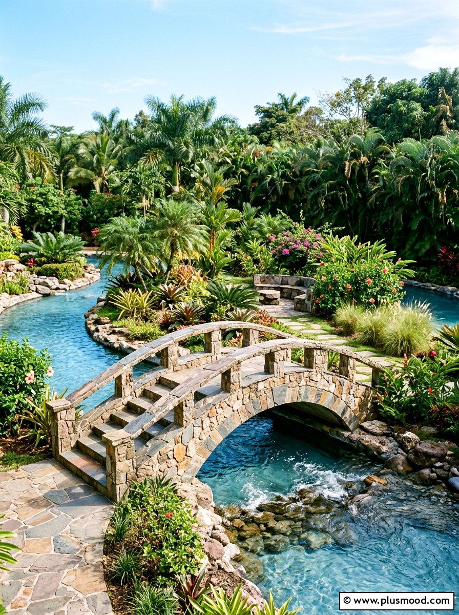 Stone Footbridges - 25 pool landscaping ideas for lazy river pools