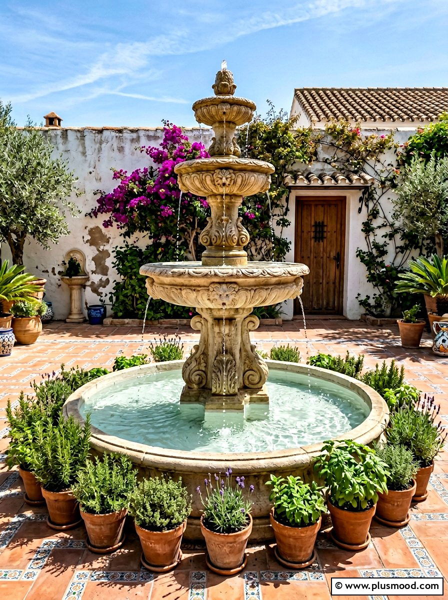Stone Fountain Water Feature - 25 summer Mediterranean patio ideas