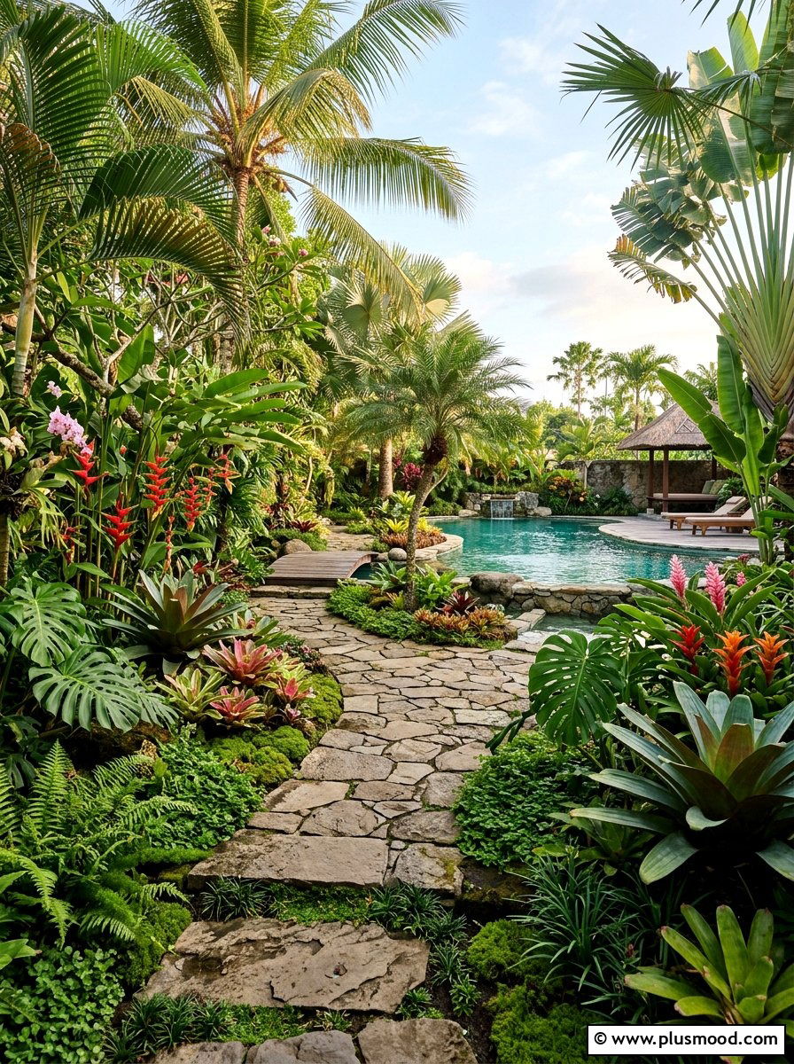 Stone Path Through Tropical Garden - 25 pool landscaping ideas with tropical theme