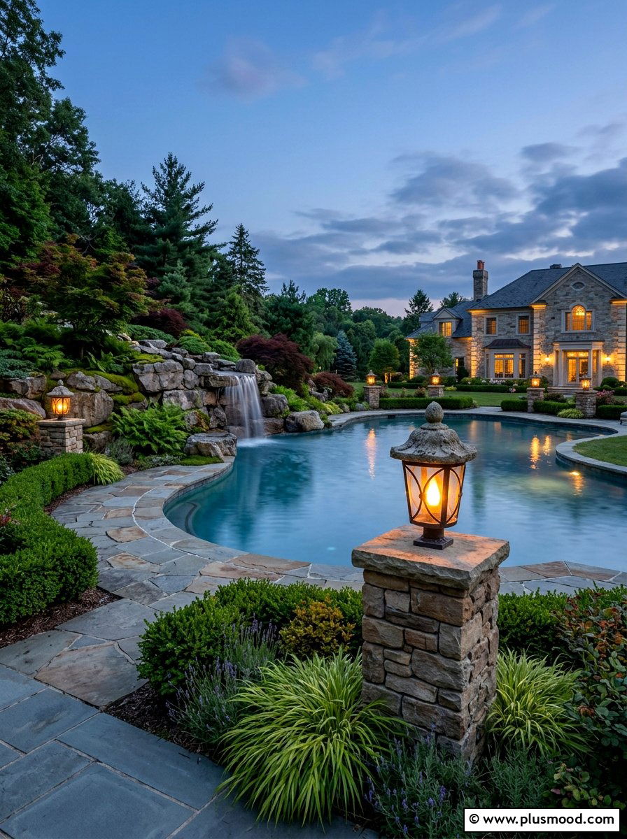 Stone Pillar Lanterns Around Pool - 25 pool landscaping ideas with lanterns