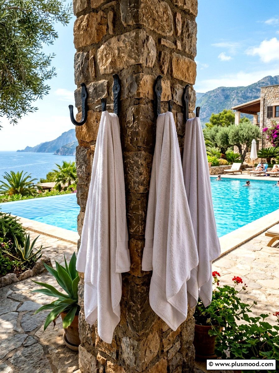 Stone Pillar Towel Hook Station - 25 summer towel station ideas for pool area