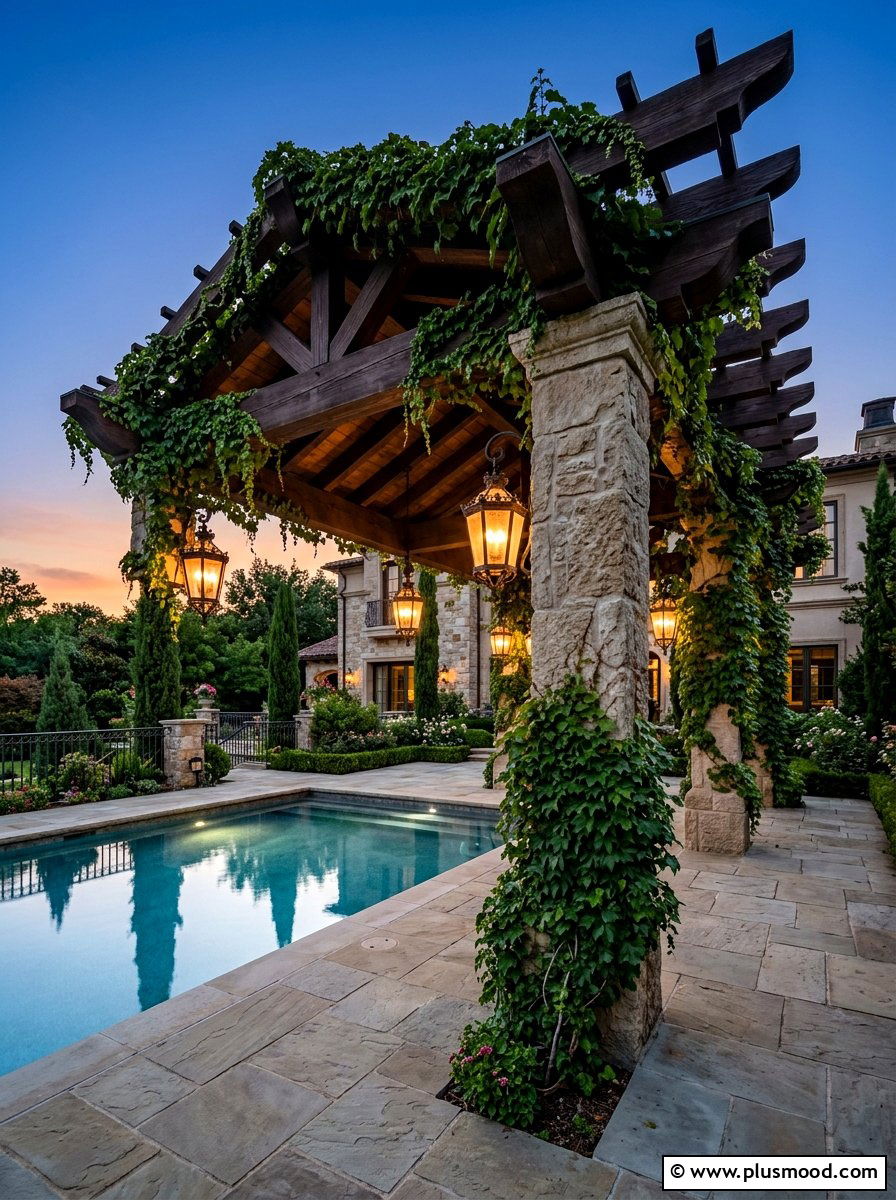 Stone Pool Deck Pergola - 25 pool landscaping ideas with pergola and vines