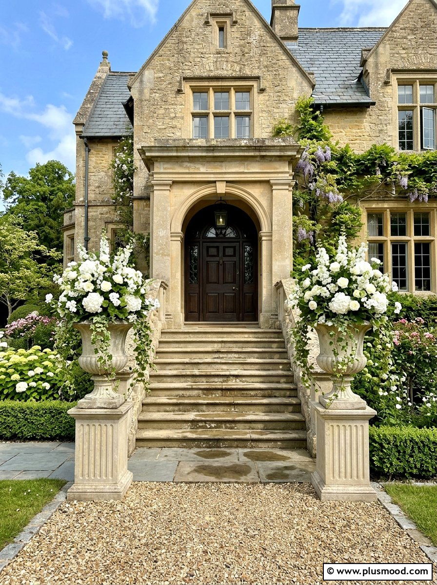 Stone Urn Front Entry - 25 summer curb appeal planter ideas