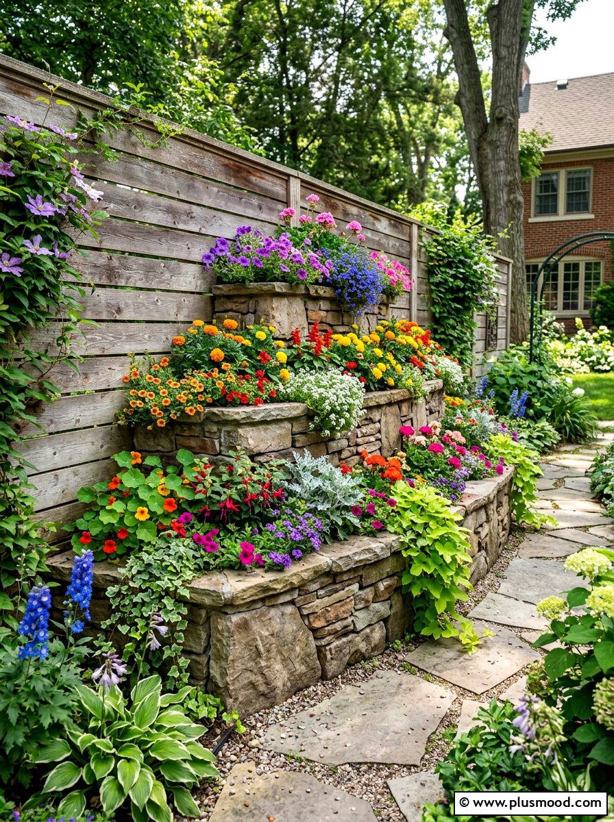 Stone Wall Planter - 25 summer fence line landscaping ideas