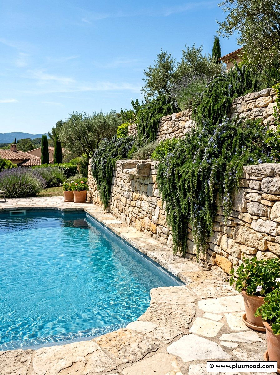 Stone Wall Pool Feature - 25 pool landscaping ideas for Mediterranean style