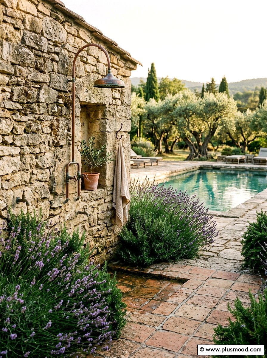 Stone Wall Pool Shower With Mediterranean Plants - 25 pool landscaping ideas with outdoor shower