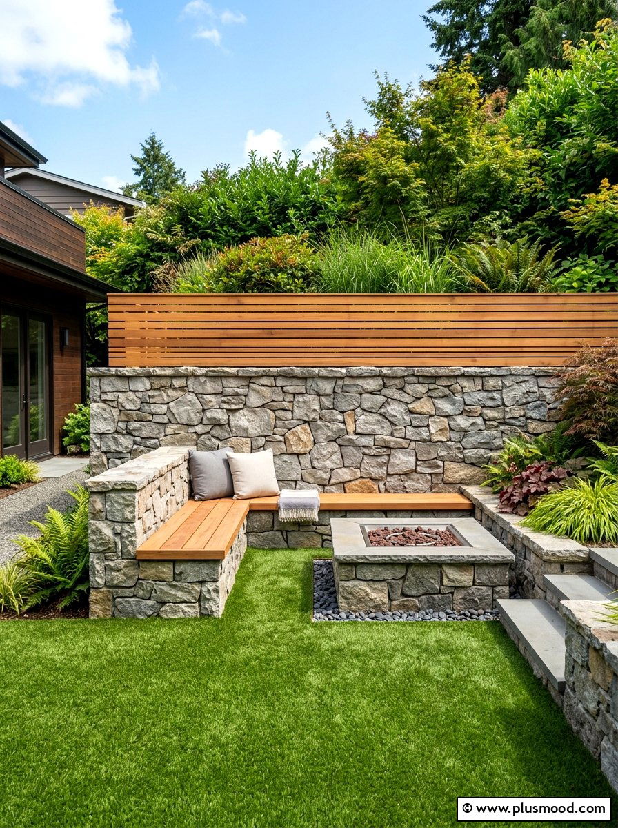 Stone Wall With Wood Topper - 25 small backyard ideas with privacy fence