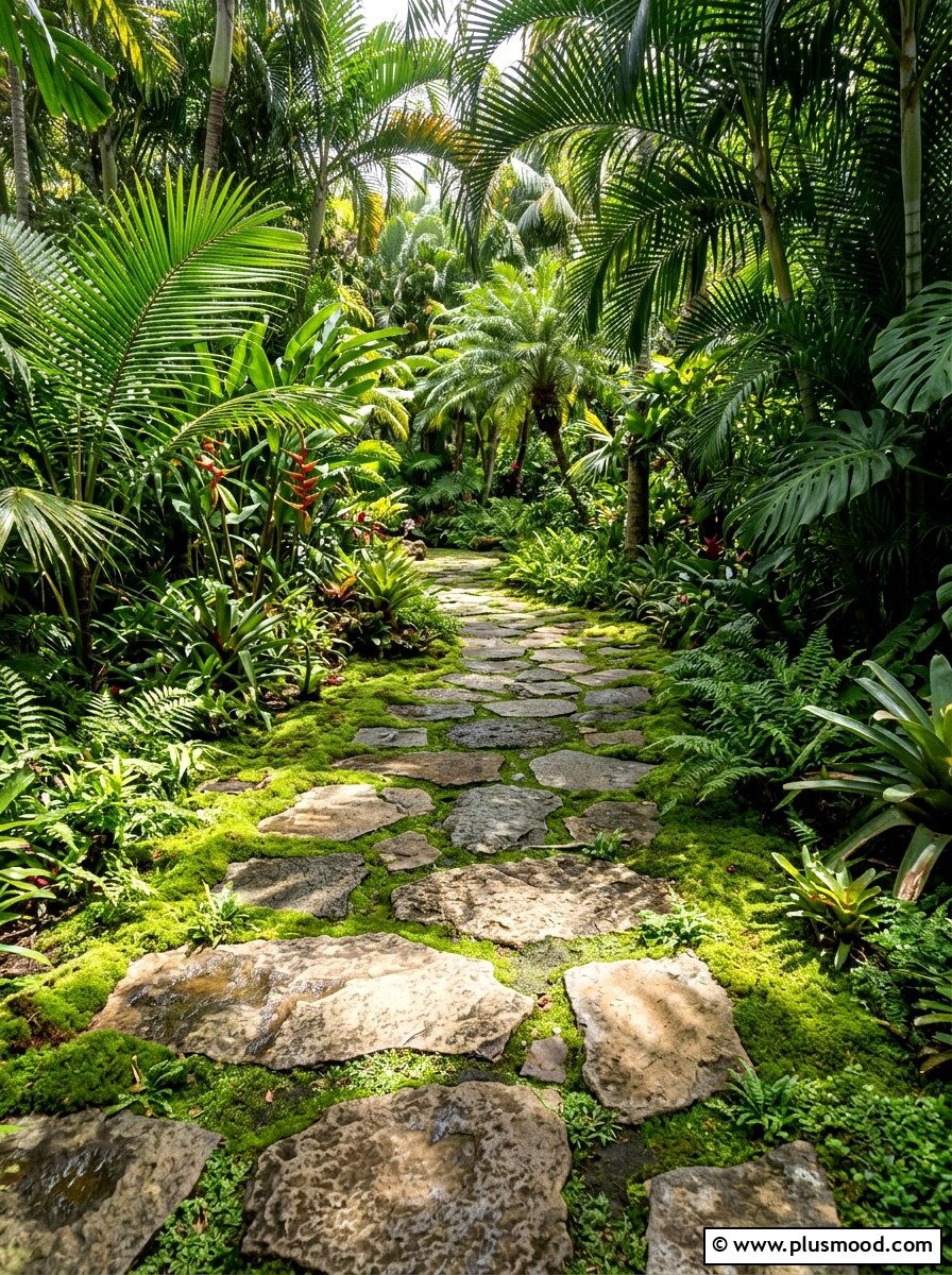 Stone garden path - 25 small backyard ideas for tropical theme