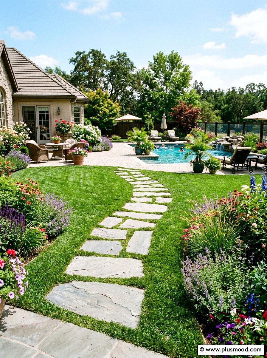 Stone path to pool deck - 25 pool landscaping ideas for inground pools